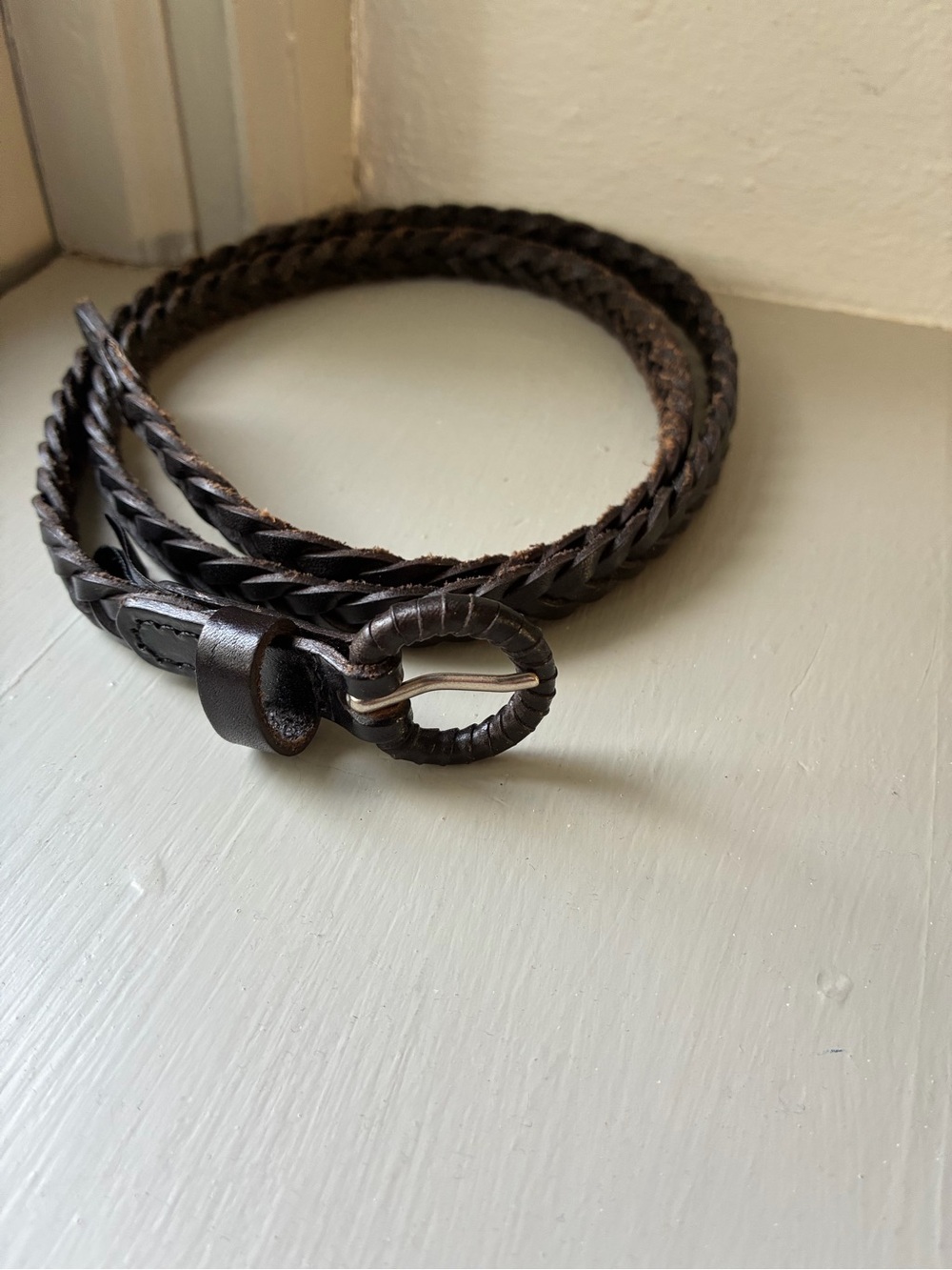 Black Braided Leather Belt Slim Woven Covered Buckle Size XS